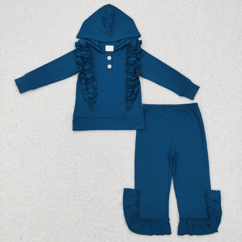 9.24 RTS Sibling Baby Girls Ruffle Hooded Leopard Floral Top Bell Pants Clothes Sets