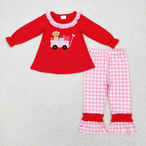11.5 RTS Sibling Baby Boys Girls Embroidery Dogs Trucks Hearts Pants Bummies Valentine Clothes Sets