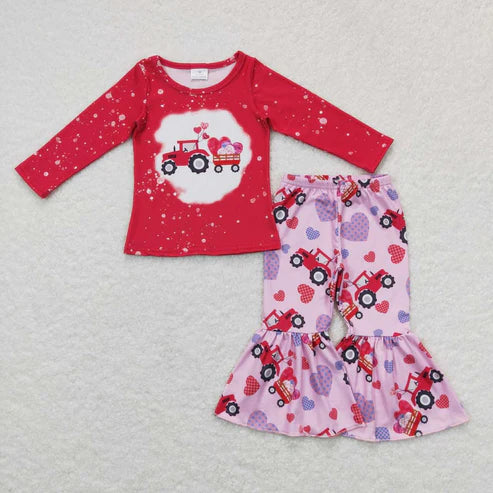 9.16 RTS Sibling Baby Kids Hearts Trucks Top Bell Bottom Pants Valentine Pajamas Clothes Sets Rompers