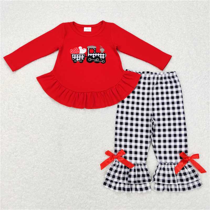 Girls Red Plaid Truck Heart Tunic Pants Outfit Valentine's Day Clothing Set