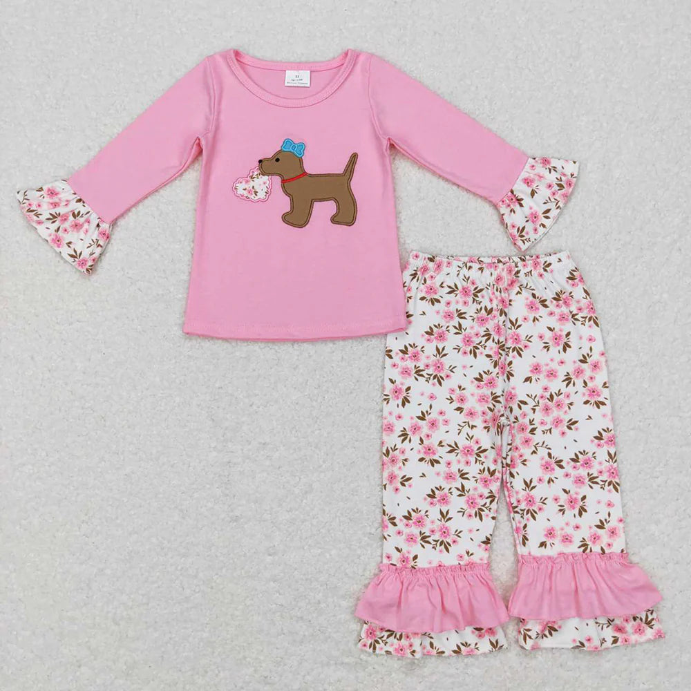 11.24 RTS Sibling Baby Girls Embroidery Floral Heart Dogs Ruffle Pant Valentines Clothes Sets Footie Rompers