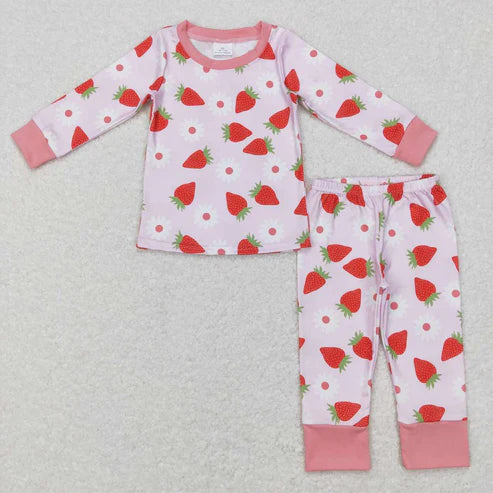 9.17 RTS Sibling Baby Girls Pink Flowers Strawberry Pajamas Sets Zipper Footie Rompers