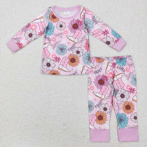 9.19 RTS Sibling Baby Girls Lavender Pink Flowers Boots Top Pants Pajamas Sets Zipper Rompers
