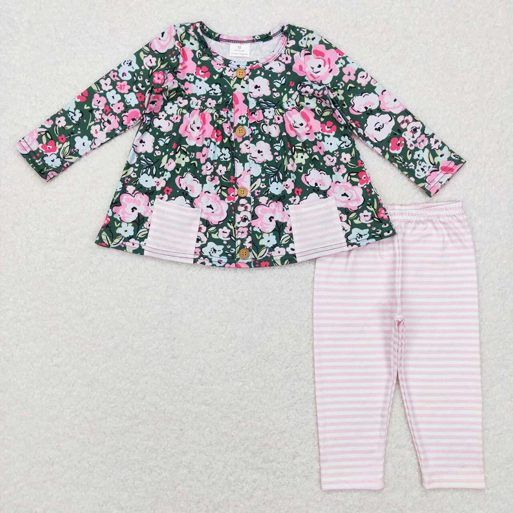 10.3 RTS Sibling Baby Girls Fall Floral Pocket Tunic Legging Pants Clothing Sets