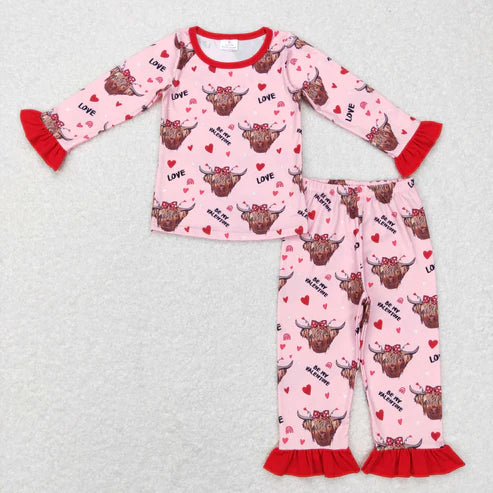 9.16 RTS Sibling Baby Girls Hearts Highland Cows Top Ruffle Pants Valentine Pajamas Sets Zipper Footie Rompers