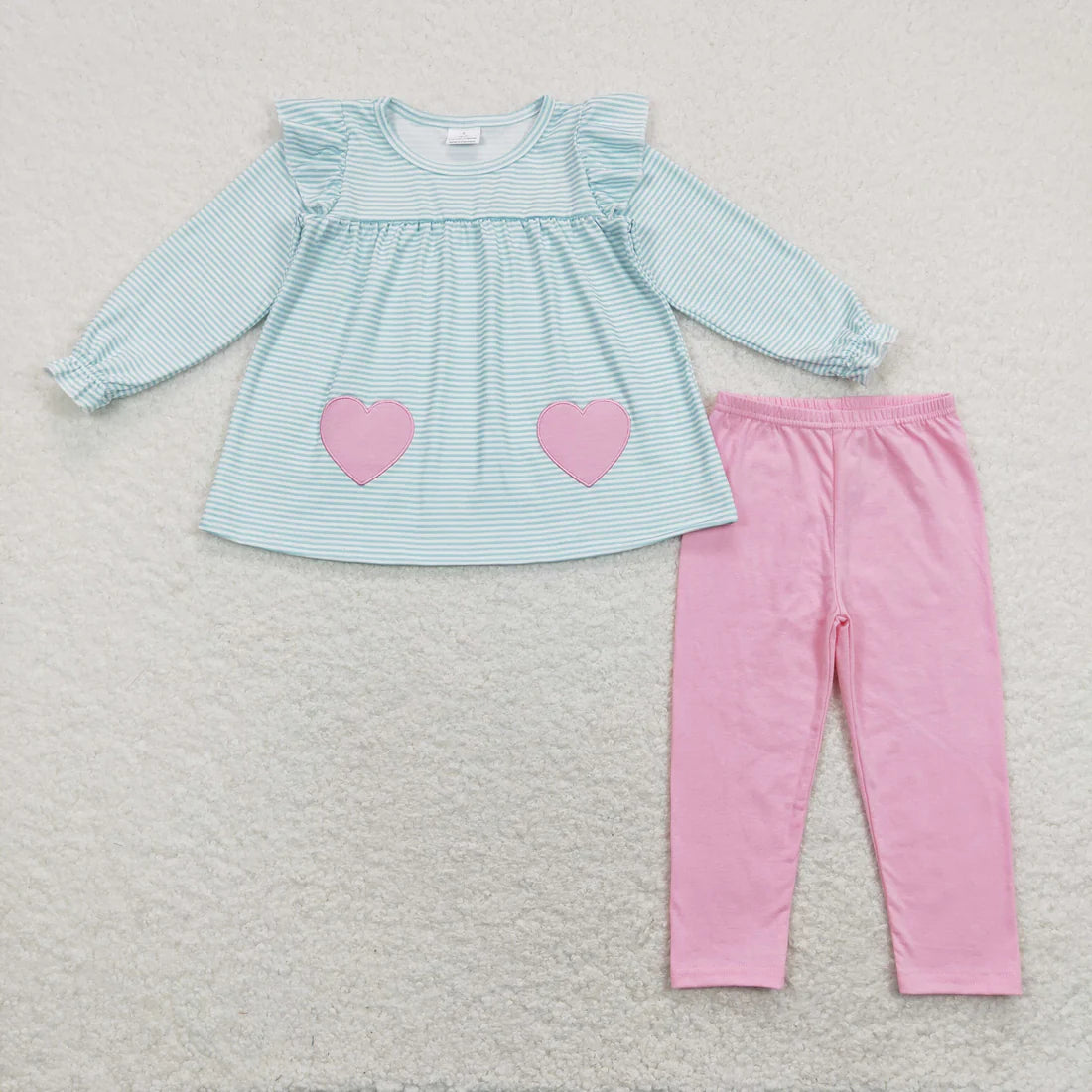 11.24 RTS Sibling Baby Girls Embroidery Hearts Pockets Stripe Tunic Legging Pants Valentines Clothes Sets