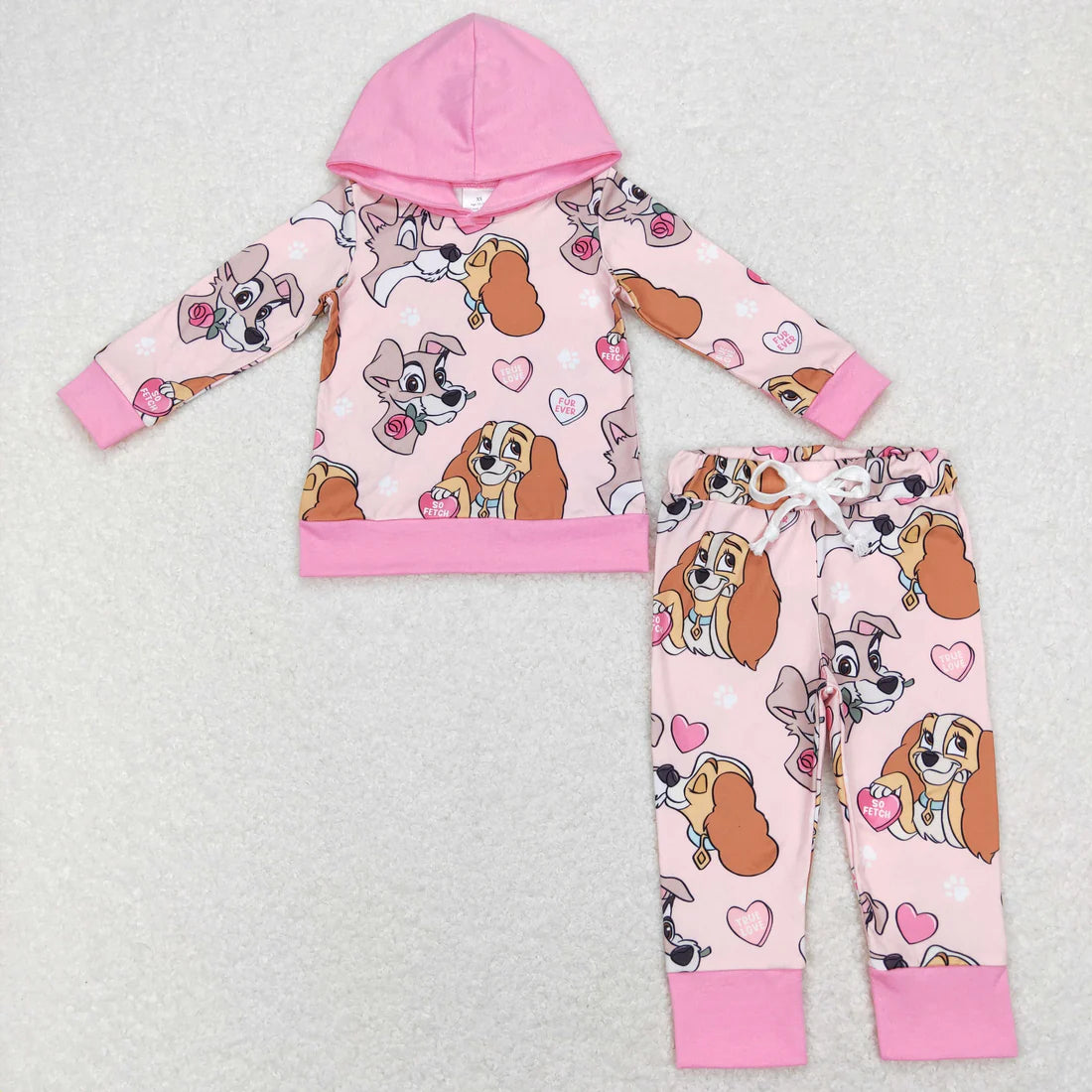 11.20 RTS Sibling Baby Girls Pink Dogs Valentines Hooded Tee Top Pants Clothes Sets