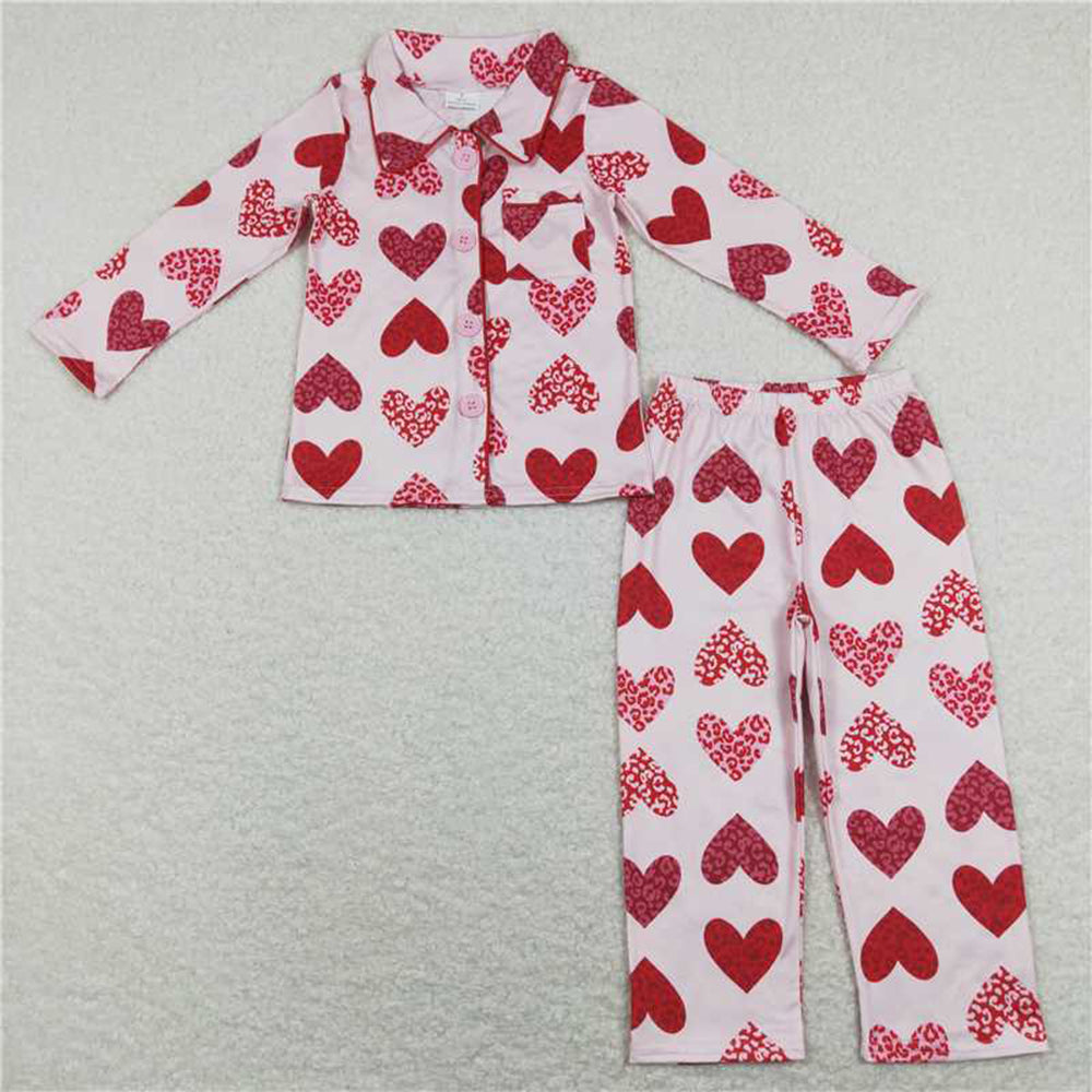 4.25 GLP1136 RTS NO MOQ Pink leopard heart girls valentine's button down pajamas