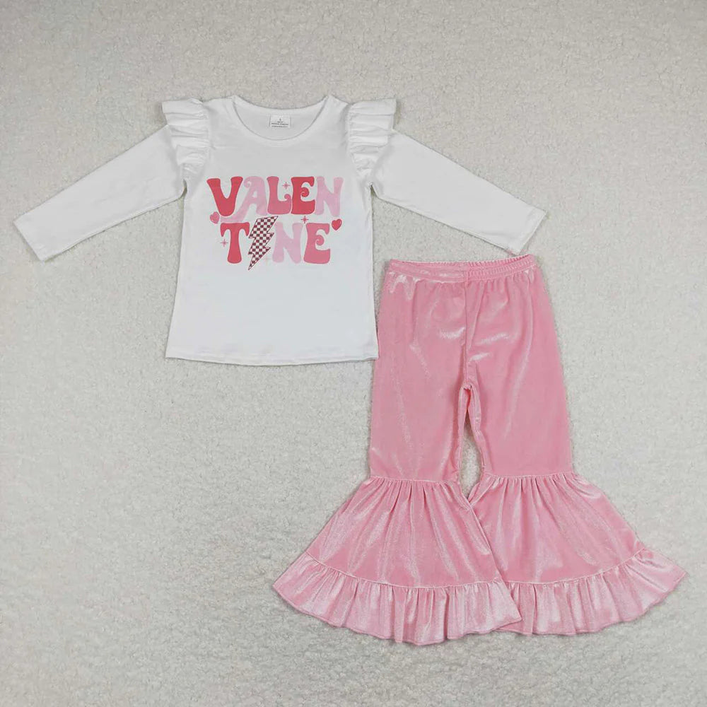 12.30 RTS Sibling Baby Girls Valentines Shirt Top Velvet Bell Pants Outfits Suits