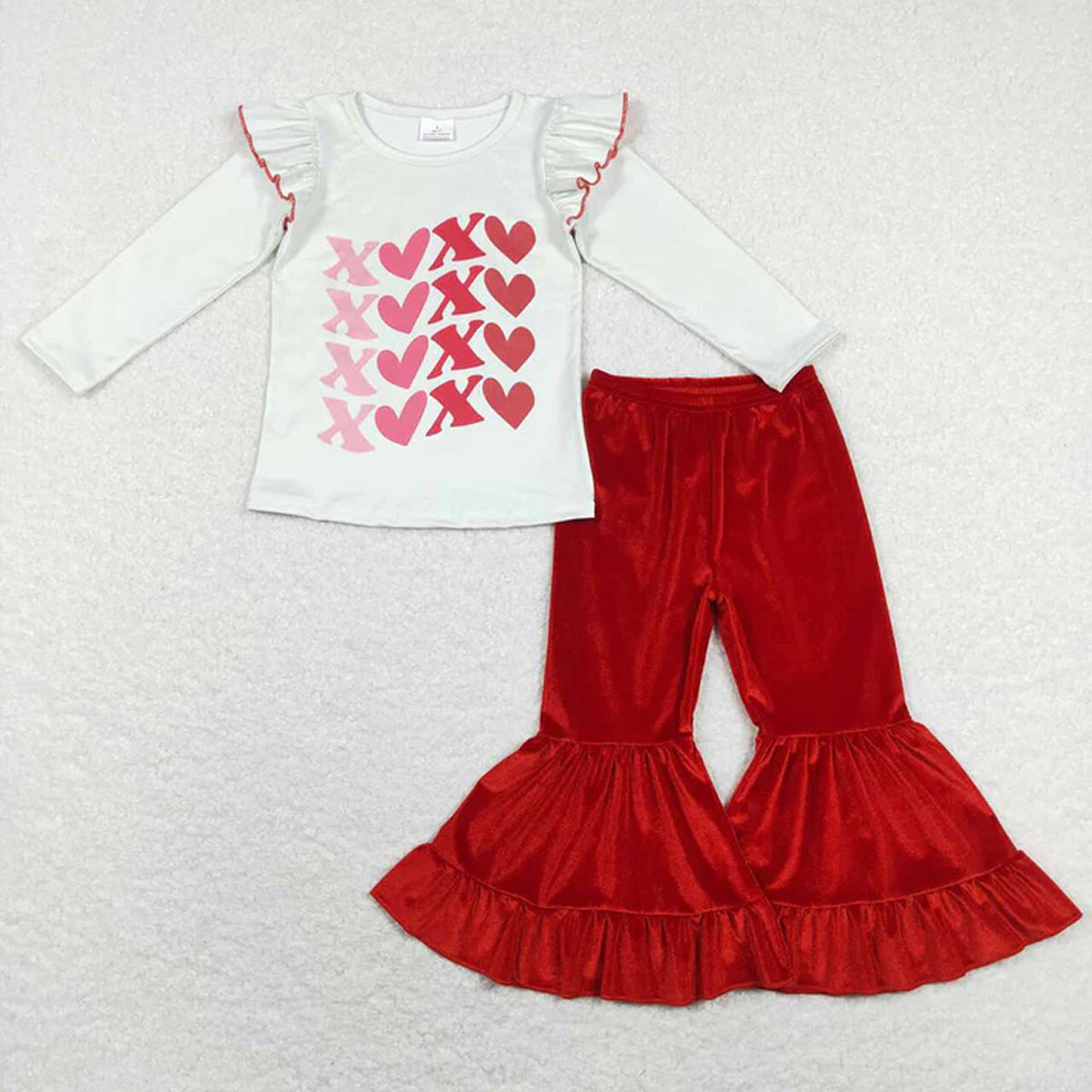 RTS Sibling Baby Girls Winter Outfits White Valentines Shirt Top Velvet Bell Pants Clothes Sets