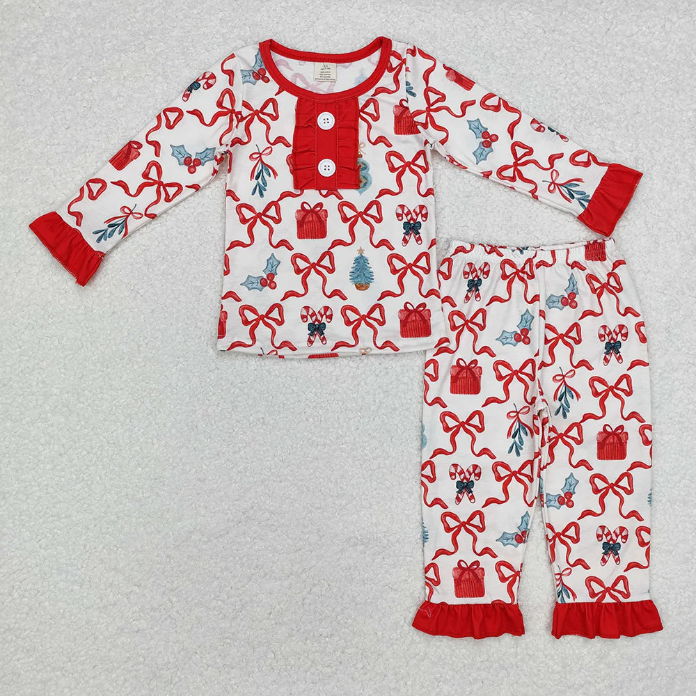 11.26 RTS Sibling Baby Girls Christmas Candy Cane Holly Checked Ruffle Pant Pajamas Sets Knee Length Dress