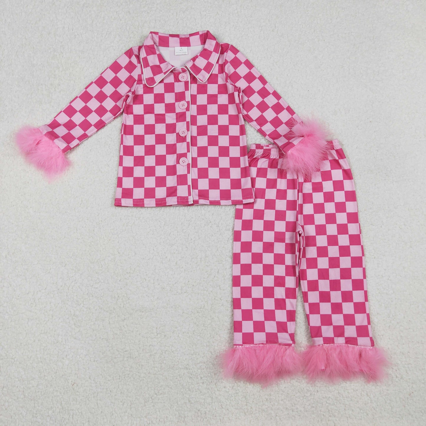 10.14 RTS NO MOQ （In stock）GLP1256 Baby Girls Dark Pink Checkered Buttons Top Pants Fur Pajamas Clothes Sets