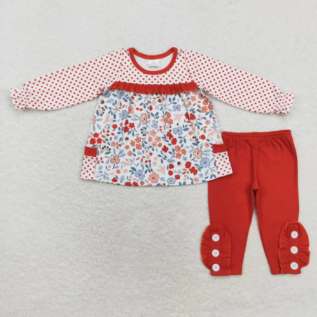 10.2 RTS Sibling Baby Girls Fall Flowers Leopard Pocket Button Tunic Legging Pants Clothing Sets