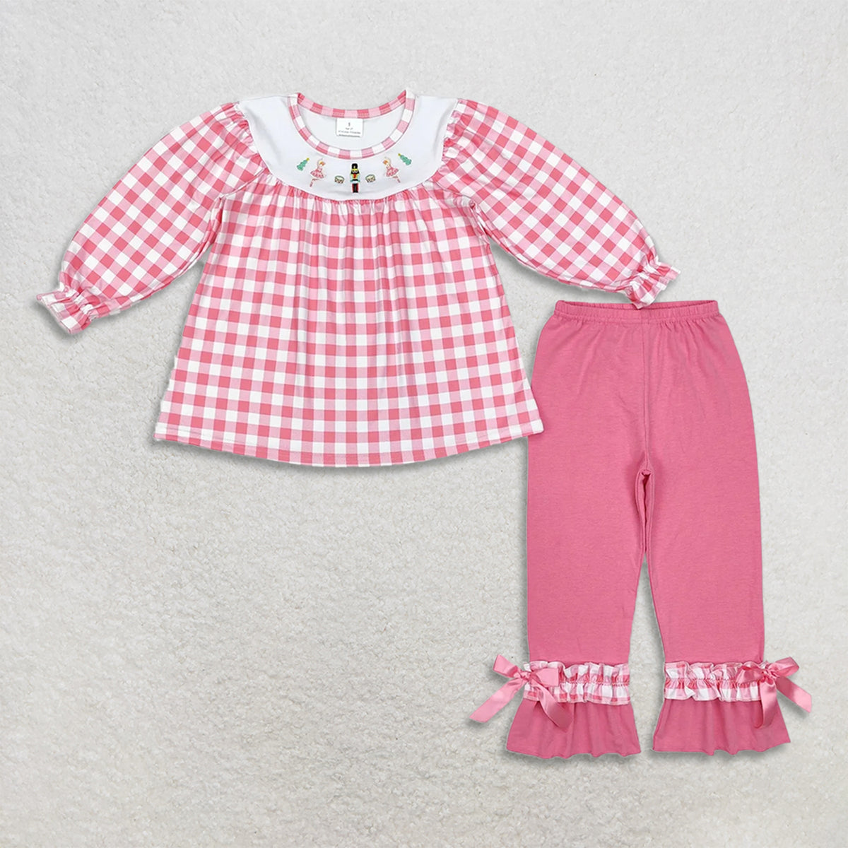 RTS NO MOQ Sibling milk silk Embroidery Baby Girls Pink Gingham Long Sleeve Dress And Top Ruffle Bow Pants Set