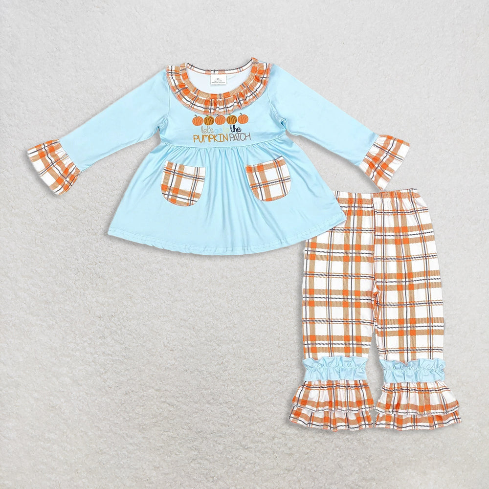 RTS NO MOQ Sibling milk silk Baby Girls Blue Pumpkin Ruffle Top and Plaid Ruffle Pants Set Long Sleeve Romper