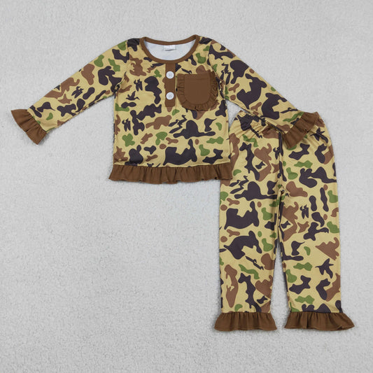12.17 RTS NO MOQ （In stock）GLP1355 Baby Girls Brown Camo Pocket Button Top Ruffle Pants Hunting Pajamas Sets
