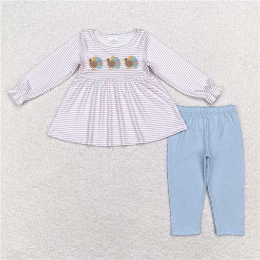 GLP1380 Baby Girls Stripes Thanksgiving Turkey Tunic Legging Pants Clothes Sets