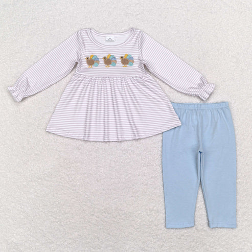 9.19 RTS Sibling Baby Girls Sibling Baby Girls Embroidery Turkey Long Ruffle Sleeves Pants Thanksgiving Clothes Sets