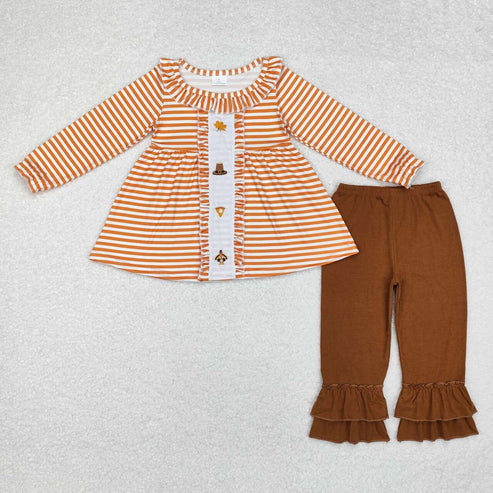 9.19 RTS Sibling Baby Girls Embroidery Turkey Pie Pumpkins Tunic Pants Thanksgiving Clothes Sets