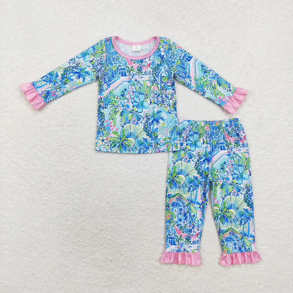 12.3 RTS Sibling Baby Girls Blue Floral Ruffle Pant Bamboo Pajamas Sets Zipper Footie Rompers