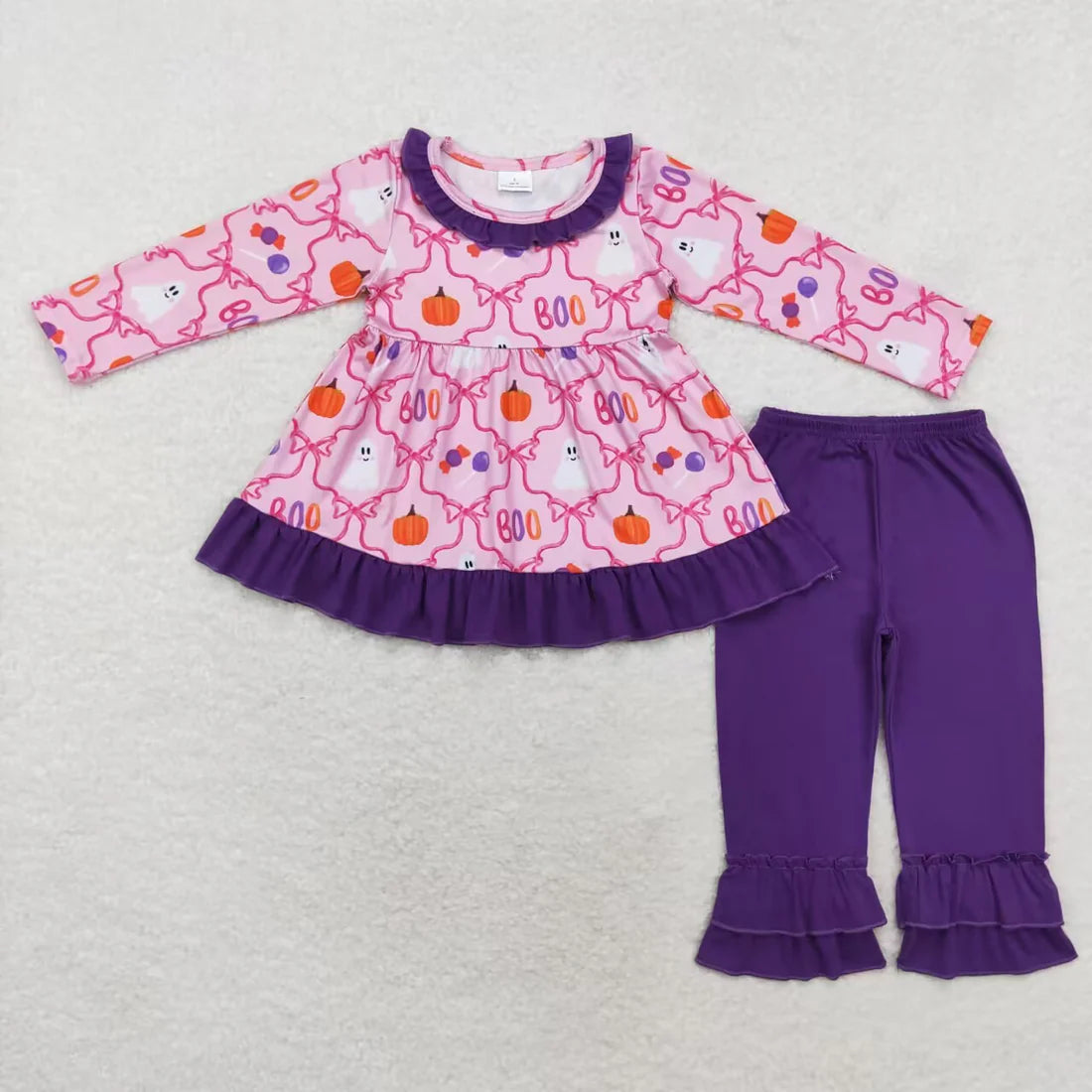 10.2 RTS Sibling Baby Girls Long Sleeves Ghosts Bows Tunic Pants Halloween Clothes Sets