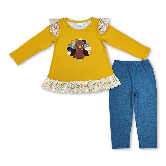 RTS Sibling Baby Girls Long Sleeves Turkey Ruffle Leopard Pant Sets Romper