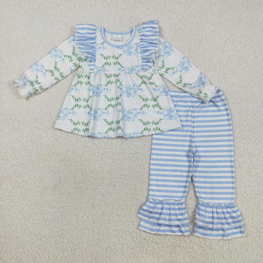 RTS NO MOQ （In stock）GLP1548 Baby Girls Winter Outfits Baby Girls Pumpkins Bows Tunic Top Stripes Pants Fall Clothes Sets