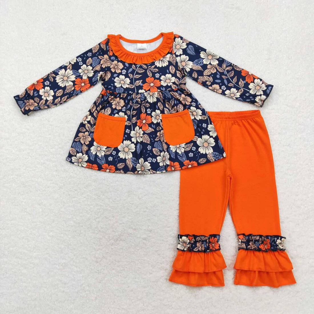 10.2 RTS Sibling Baby Girls Long Sleeves Colorful Floral Bows Plaid Tunic Ruffle Pants Sets