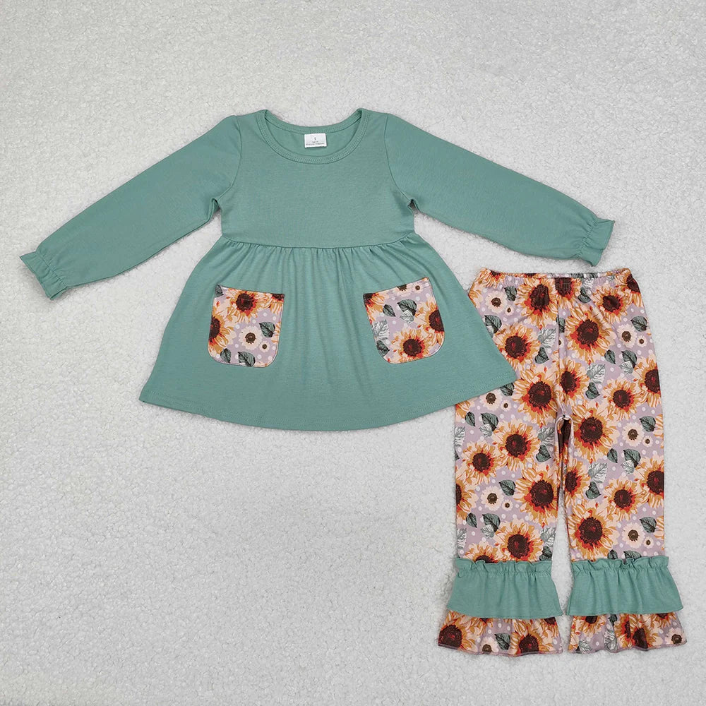 1.19 RTS Sibling Sister Baby Girls Green Pockets Sunflowers Rompers Clothes Sets