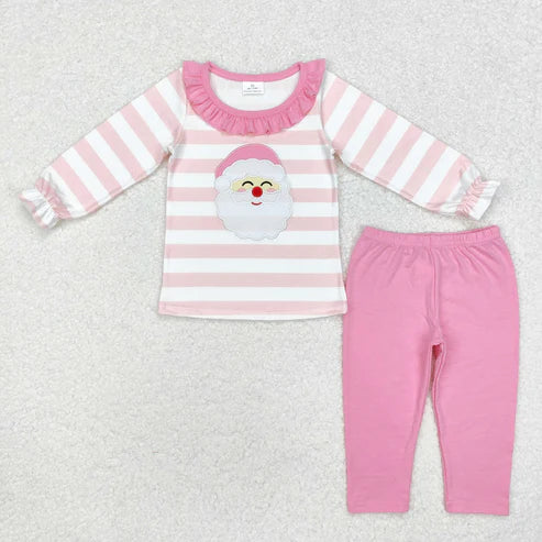 9.22 RTS Embroidery Santa Sibling Baby Girls Tunic Top Pants Christmas Pajamas Clothes Sets