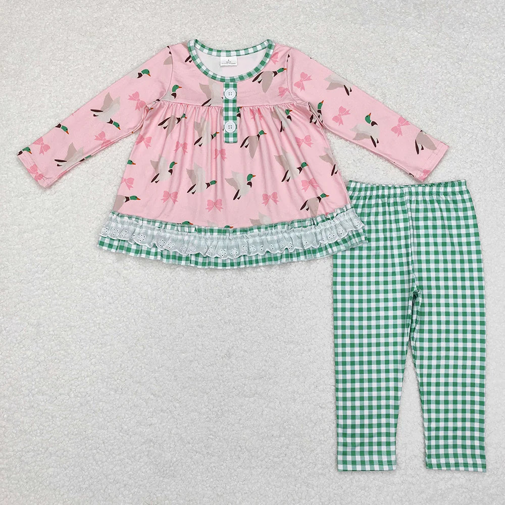1.19 RTS Sibling Sister Baby Girls Mallard Ducks Bows Checkered Clothes Sets