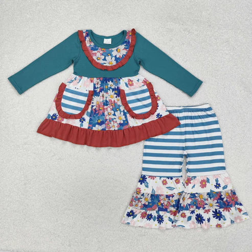 9.17 RTS Sibling Baby Girls Bows Flowers Tunic Leggings Pant Ruffle Sleeves Clothes Sets