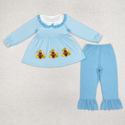 9.19 RTS Sibling Baby Girls Embroidery Turkey Pie Pumpkins Tunic Pants Thanksgiving Clothes Sets