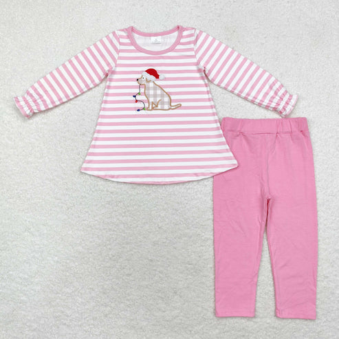 9.19 RTS Sibling Baby Kids Embroidery Dogs Lights Stripe Top Pants Christmas Clothes Sets Rompers