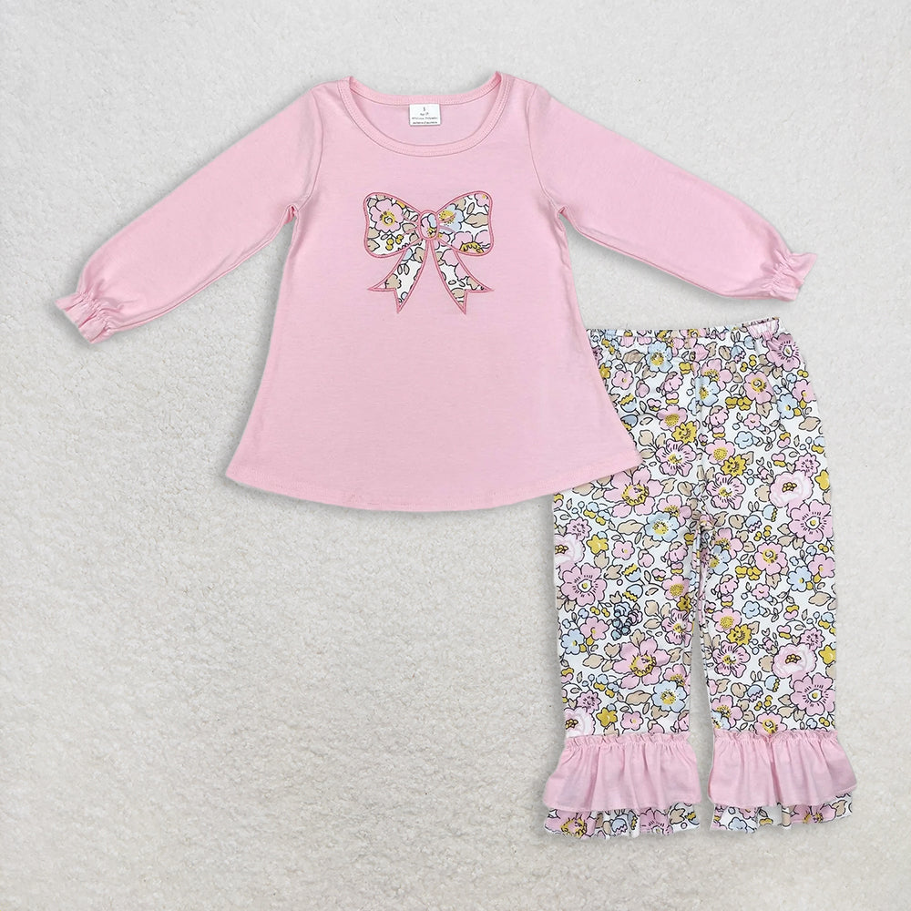1.15 RTS Sibling Baby Girls Embroidery Floral Bows Tunic Ruffle Pants Clothes Sets
