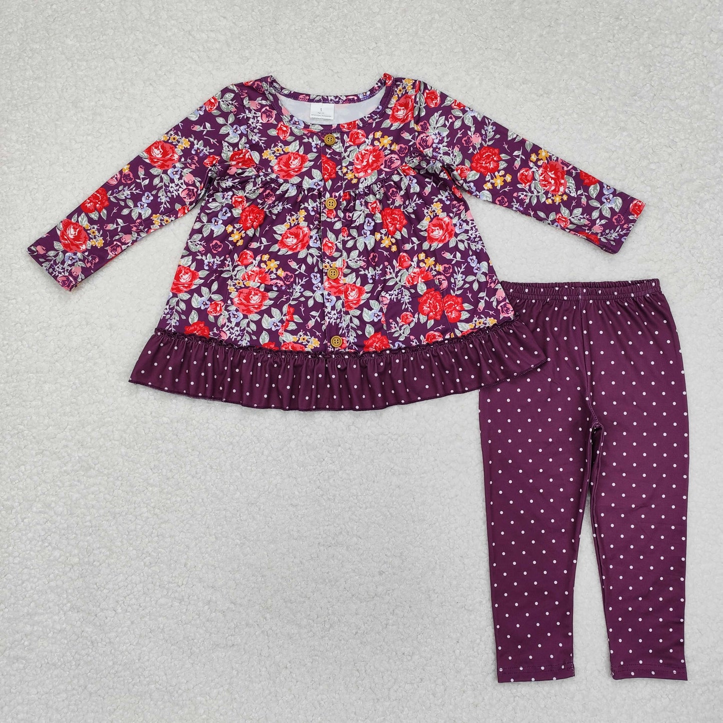 GLP1850 Floral button ruffle tunic polka dots leggings girls clothes