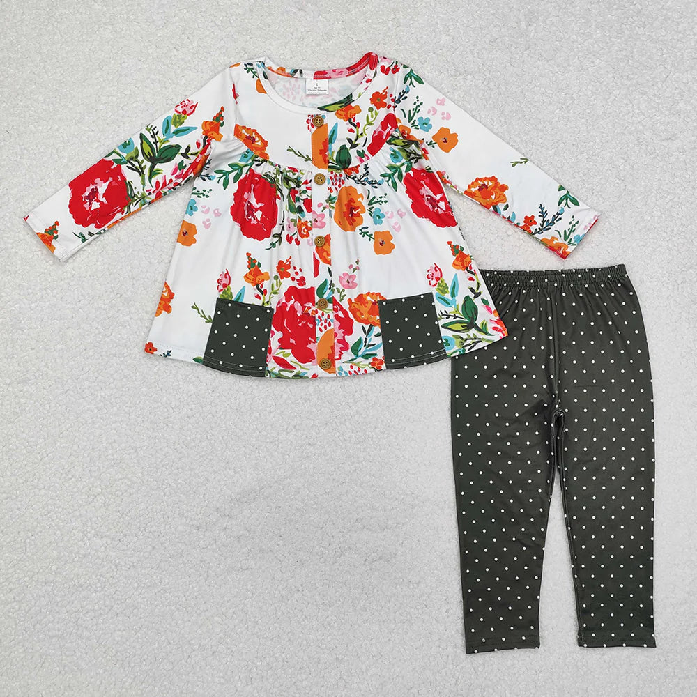 10.3 RTS Sibling Baby Girls Fall Floral Pocket Tunic Legging Pants Clothing Sets