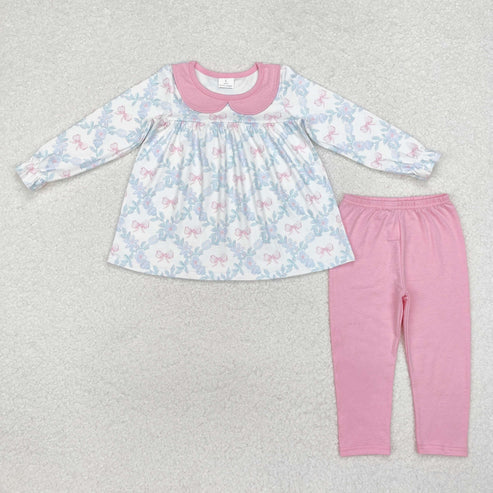 9.17 RTS Sibling Baby Girls Bows Flowers Tunic Leggings Pant Long Ruffle Sleeves Clothes Sets