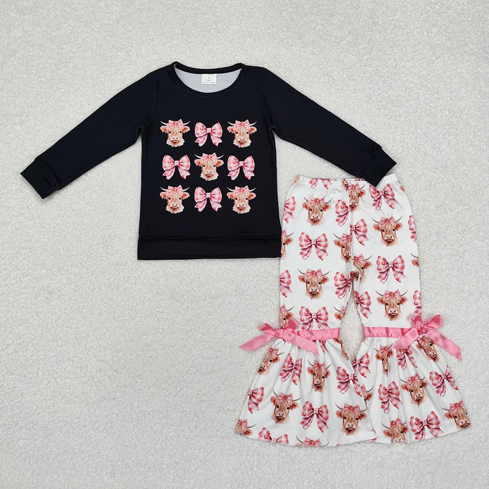 2.6 RTS Sibling Baby Girls Highland Cow Bows Rompers Clothes Sets