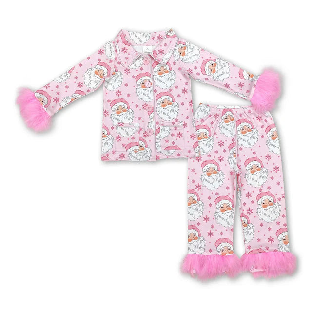 RTS Sibling Baby Girls Sister Christmas Bows Santa Buttons Top Pants Fur Pajamas Clothes Sets