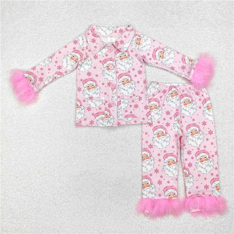 11.29 RTS NO MOQ （In stock）GLP1900 Baby Girls Christmas Fancy Pink Santas Fur Shirt Pants Pajamas Clothes Sets