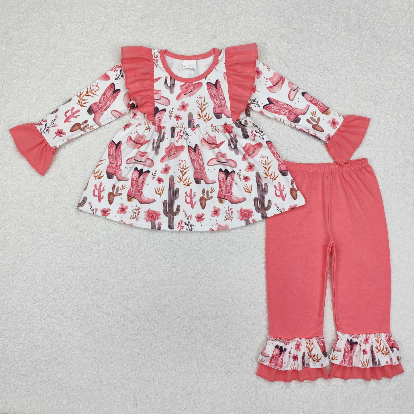 GLP1922 Baby Girls Western Boots Tunic Tops Ruffle Pants Clothes Sets Preorder