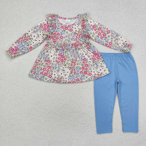 9.17 RTS Sibling Baby Girls Bows Flowers Tunic Leggings Pant Ruffle Sleeves Clothes Sets