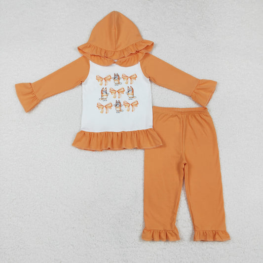 GLP1948 Baby Girls Orange Dogs Bow Hooded Top Pants Clothes Sets