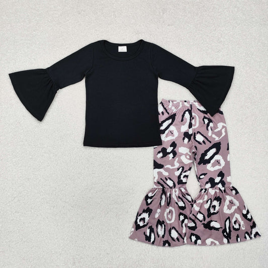 GLP1970 Baby Girls Black Tops Leopard Bell Pants Clothes Sets