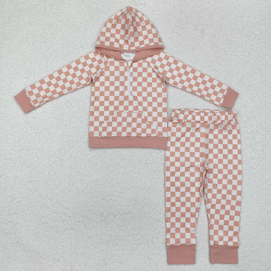 GLP1989 Long sleeves plaid zip hoodie pants girls clothing set