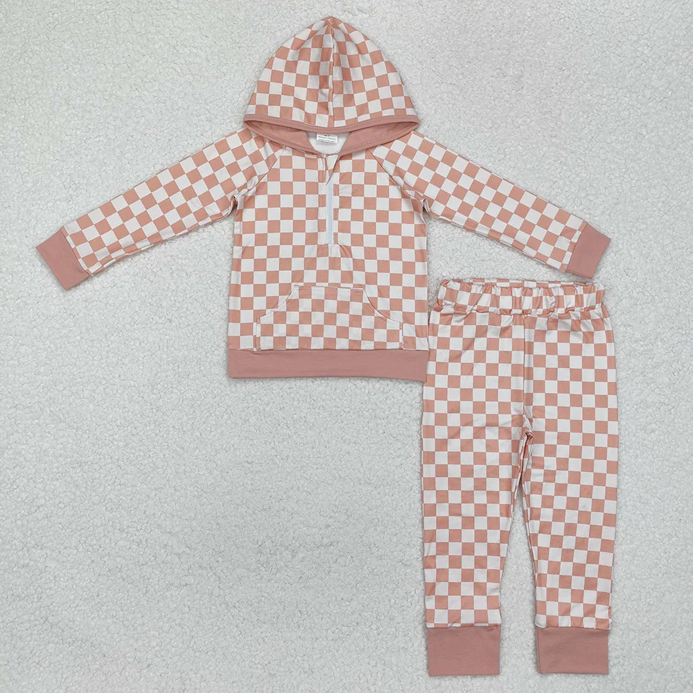 1.17 RTS Sibling Boys Baby Girls Checkered Zip Hooded Top Pants Clothes Sets