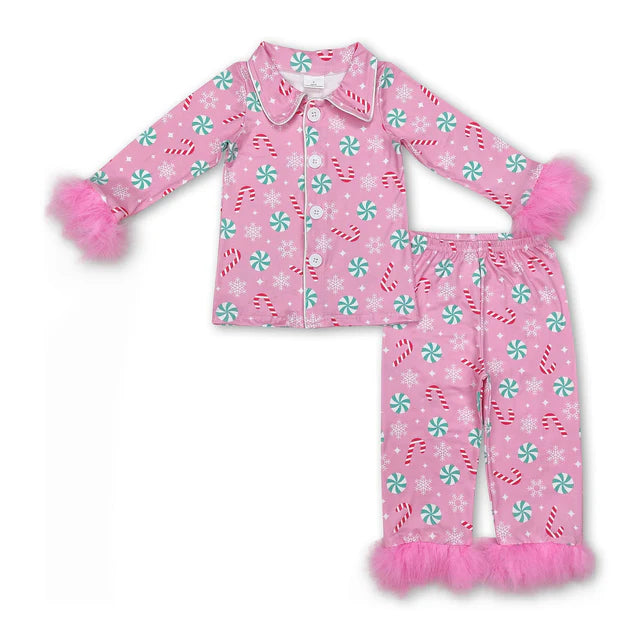 RTS Sibling Baby Girls Sister Christmas Bows Santa Buttons Top Pants Fur Pajamas Clothes Sets