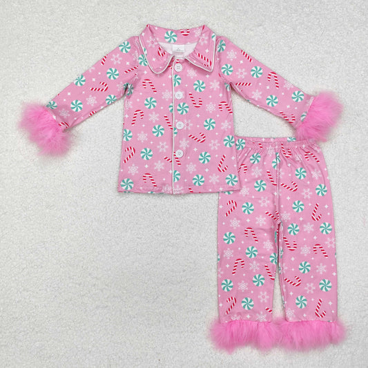 GLP2025 Baby Girls Christmas Balls Fur Tops Pants Pajamas Clothes Sets Preorder