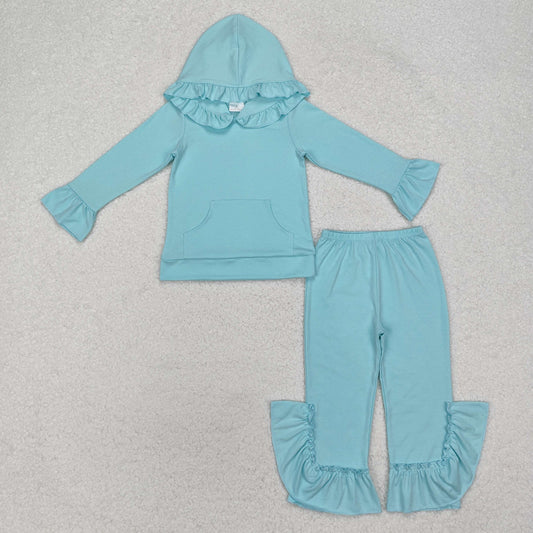 RTS Solid color cotton ruffle hoodie pants girls clothing set